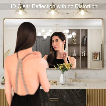 LOAAO Gold Bathroom Mirror - 72”x36” Rounded Rectangle Design | Wall-Mounted, Anti-Rust Tempered Glass