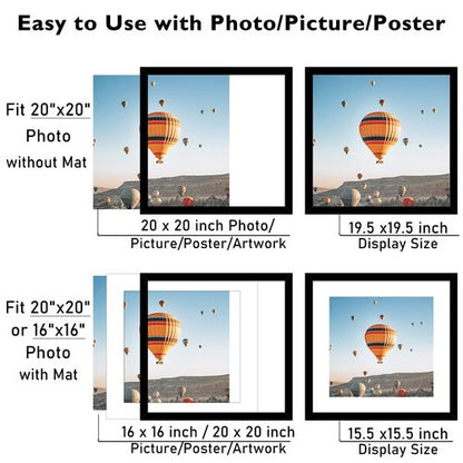 JCJMY 20x20 Picture Frame Black with 16x16 Mat, Display Photo 16x16 with Mat or 20 x 20 Without Mat, Wall Hanging Large 20x20 Poster Frame with Shatter Resistant Plexiglass, Black