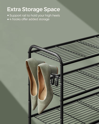 SONGMICS Shoe Rack - 3-Tier Metal Organizer with 4 Hooks | Holds 12 Pairs, Height-Adjustable, Ink Black