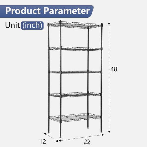 FDW Adjustable 5-Tier Metal Pantry Shelves - 22L x 12W x 48H, NSF Certified Storage Rack for Kitchen & Garage - Black