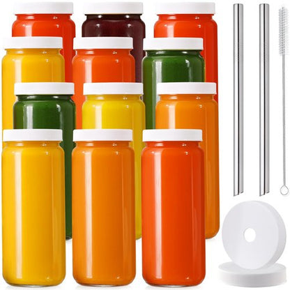 12 PACK, 16 OZ Glass Juice Bottles with Airtight Lids, Bonus 2 Straws & Perforated Lids, Reusable Juicer, Juicing Bottles - Clear Drinking Jars Cups, Water Bottle, Travel Juice Container, White Caps