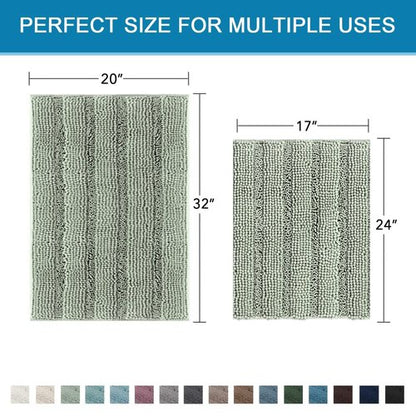 H.VERSAILTEX Sage Bathroom Rugs, Bath Mat Set of 2 Extra Thick Chenille Striped Pattern Shaggy Bath Rugs for Bath Room, Non Skid Bath Mats for Bathroom Floor (32 x 20 Plus 24 x 17 - Inches)