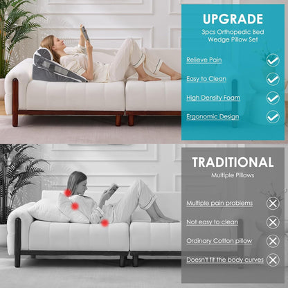 Regine Switzerland Wedge Pillow Set - Adjustable Memory Foam for Acid Reflux Relief | 3-Piece White & Grey