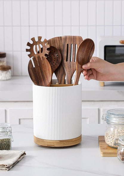 LoeJan Utensil Holder - 3 Compartment Ceramic Kitchen Organizer with Cork Bottom | Large White Crock