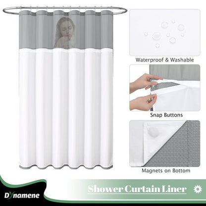 Dynamene Fabric Shower Curtain with Snap in Liner, Grey Waffle Hotel Shower Curtains for Bathroom, Washable Waterproof Cloth Shower Curtain Liner Set with Plastic Hooks, Mesh Top Window, 72x72, Gray