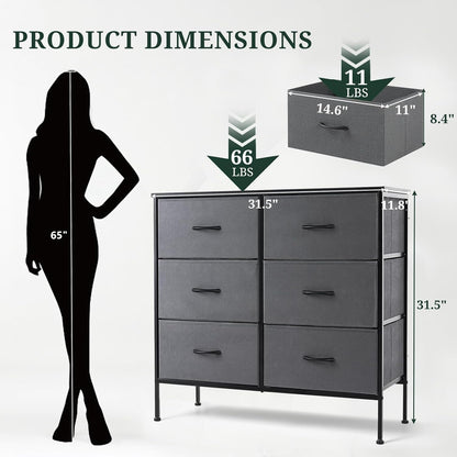 Skiennix 6-Drawer Dresser - Anti-Tip Storage Organizer with Wooden Top & Metal Frame - Gray