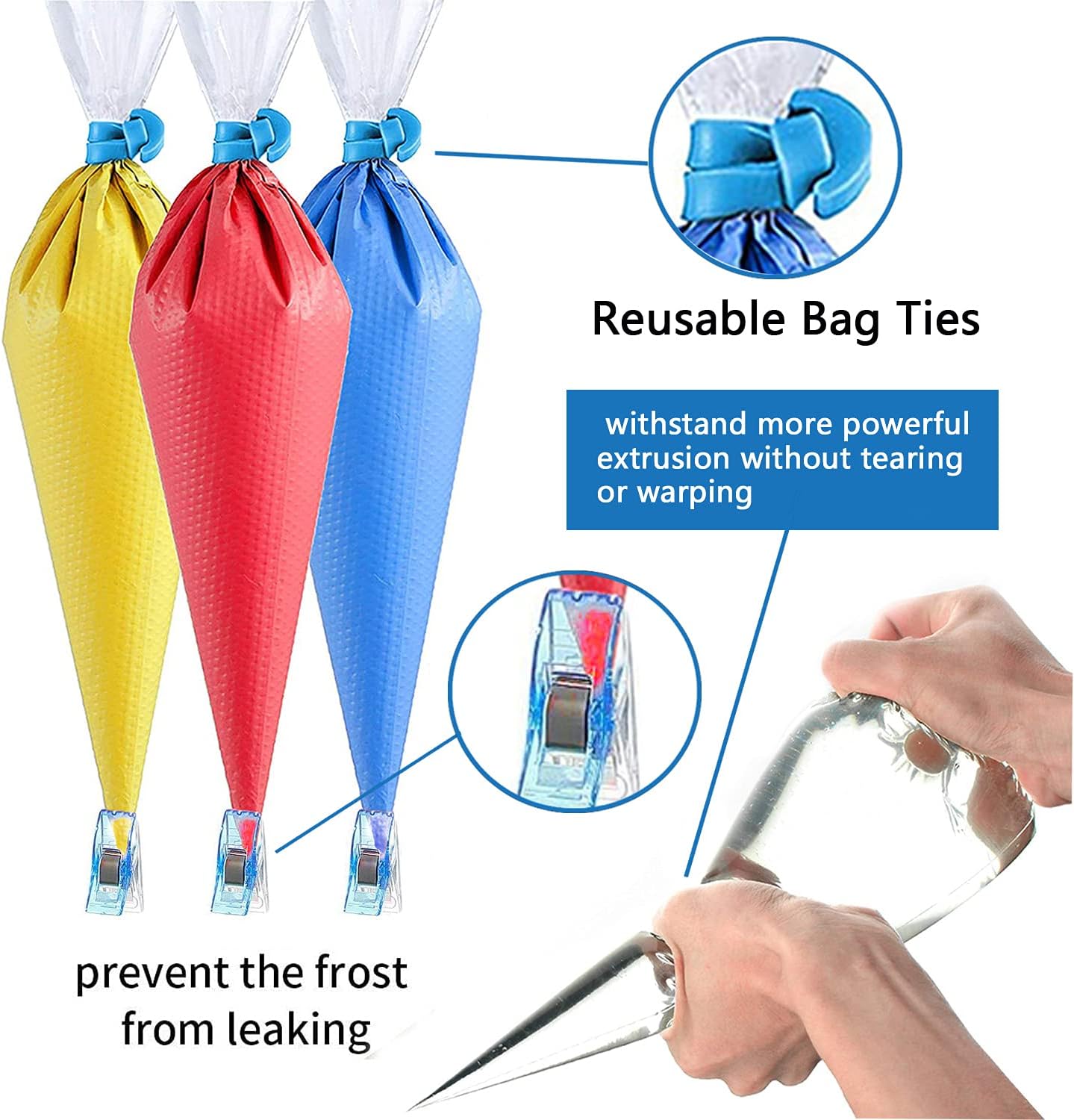Tipless Piping Bags by 122Pieces - 100 Disposable Pastry Bags for Icing & Cookie Decorating - Includes 10 Ties, 10 Clips & 2 Scribers - Perfect for Cakes & Cookies (10 Inch)