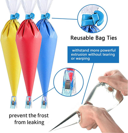Tipless Piping Bags by 122Pieces - 100 Disposable Pastry Bags for Icing & Cookie Decorating - Includes 10 Ties, 10 Clips & 2 Scribers - Perfect for Cakes & Cookies (10 Inch)