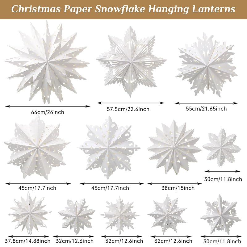 12pcs Christmas Snowflake Paper Lanterns with LED Lights - White