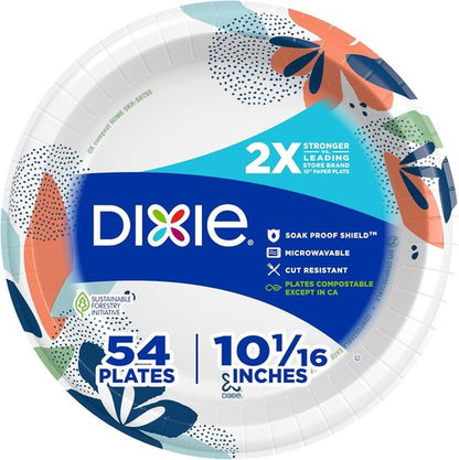 Dixie Large Paper Plates - 10 Inch, 54 Count | 2X Stronger, Microwave-Safe & Soak-Proof Disposable Dinnerware