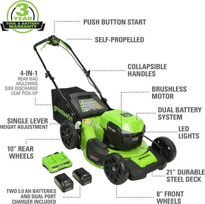 Greenworks 48V (24V x 2) High - Performance Cordless Yard Tool Combo: 21" self propelled lawn mower, 12" Trimmer & Blower, with 3 Batteries & 2 Chargers