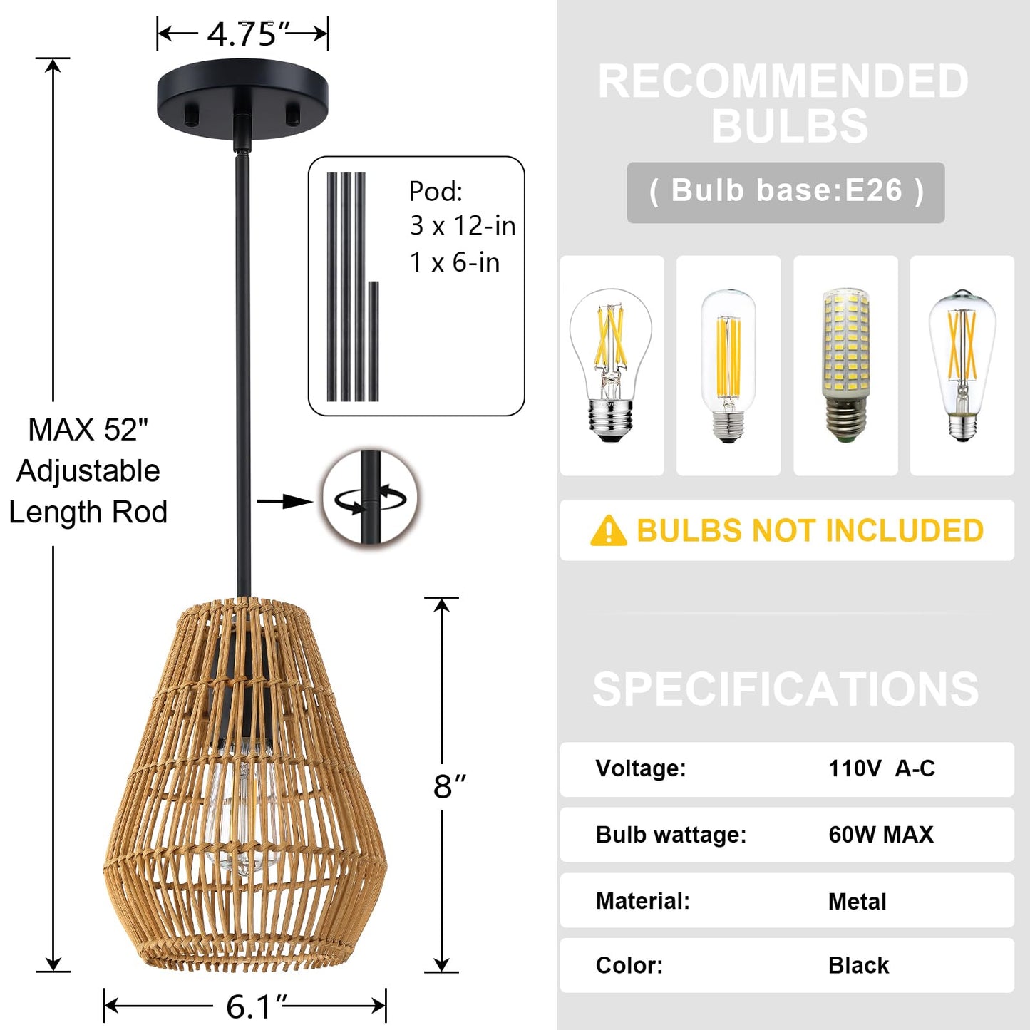 Dolaimi House 3 Pack 1 Light Modern Retro Boho Vintage Farmhouse 6.5" Rattan Pendant Ceiling Light Fixture,Black Finish for Kitchen Island,Bedroom,Dining Room,Hallway,Entryway,Living Room