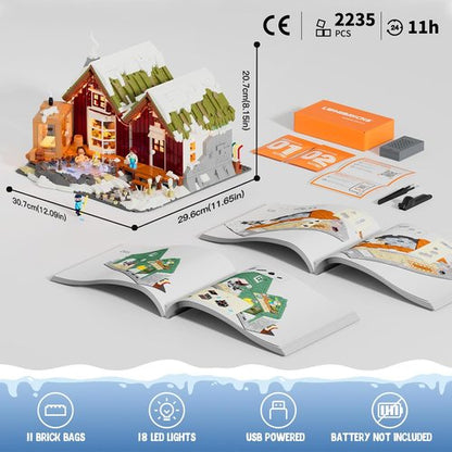 LUMIBRICKS Spa-Cabin Winter Lighting Building Bricks Set - 2235 Pcs LED Christmas Village Model for Families