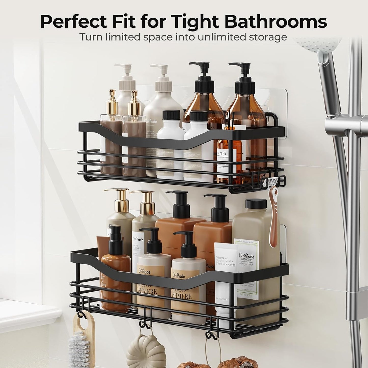 Orimade Shower Caddy - Wall Mounted Rust Resistant Stainless Steel Organizer | 2 Pack, Black with 5 Hooks
