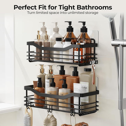 Orimade Shower Caddy - Wall Mounted Rust Resistant Stainless Steel Organizer | 2 Pack, Black with 5 Hooks