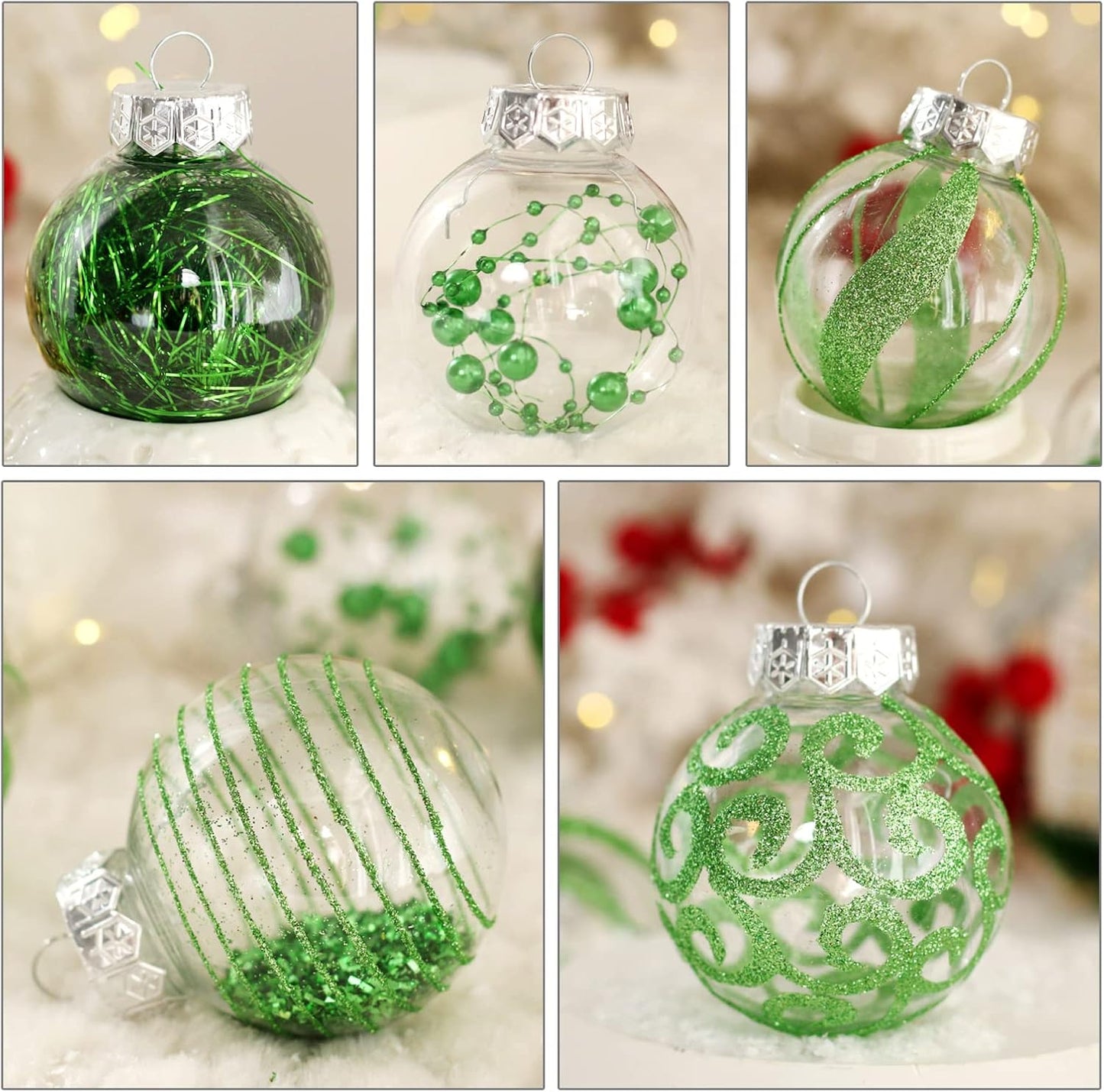 Skiennix Christmas Ornaments Set - 30pcs Shatterproof Green & Clear Baubles for Holiday Decor