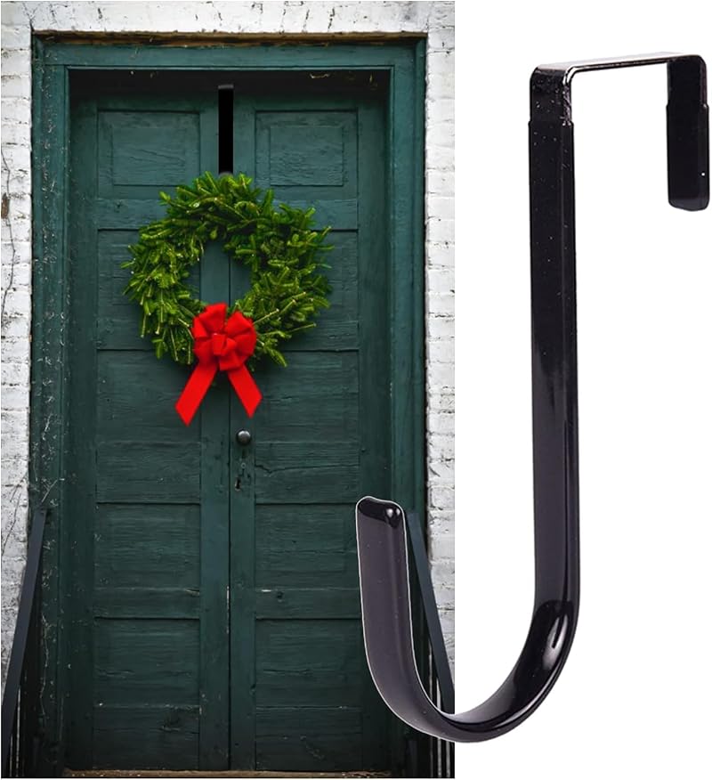 Wreath Hanger for Doors - Carbon Steel Black Over-the-Door Hook for Fall, Christmas & Halloween Decor
