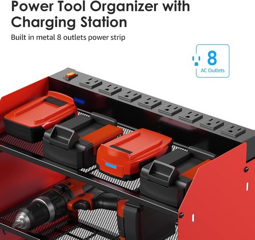 CCCEI Modular Power Tool Organizer - Wall Mount Charging Station with Heavy-Duty Rack & Hooks - Red
