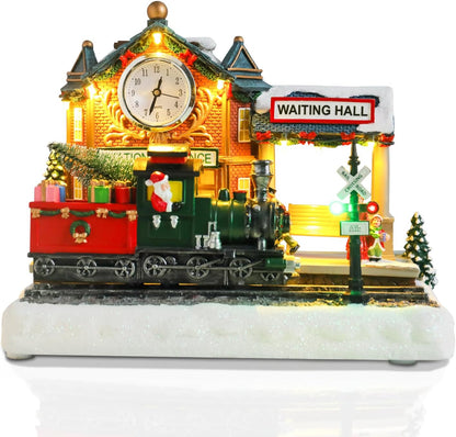 VCUTEKA Animated Christmas Village Train Station - Lighted Musical Santa Decor for Holiday Display