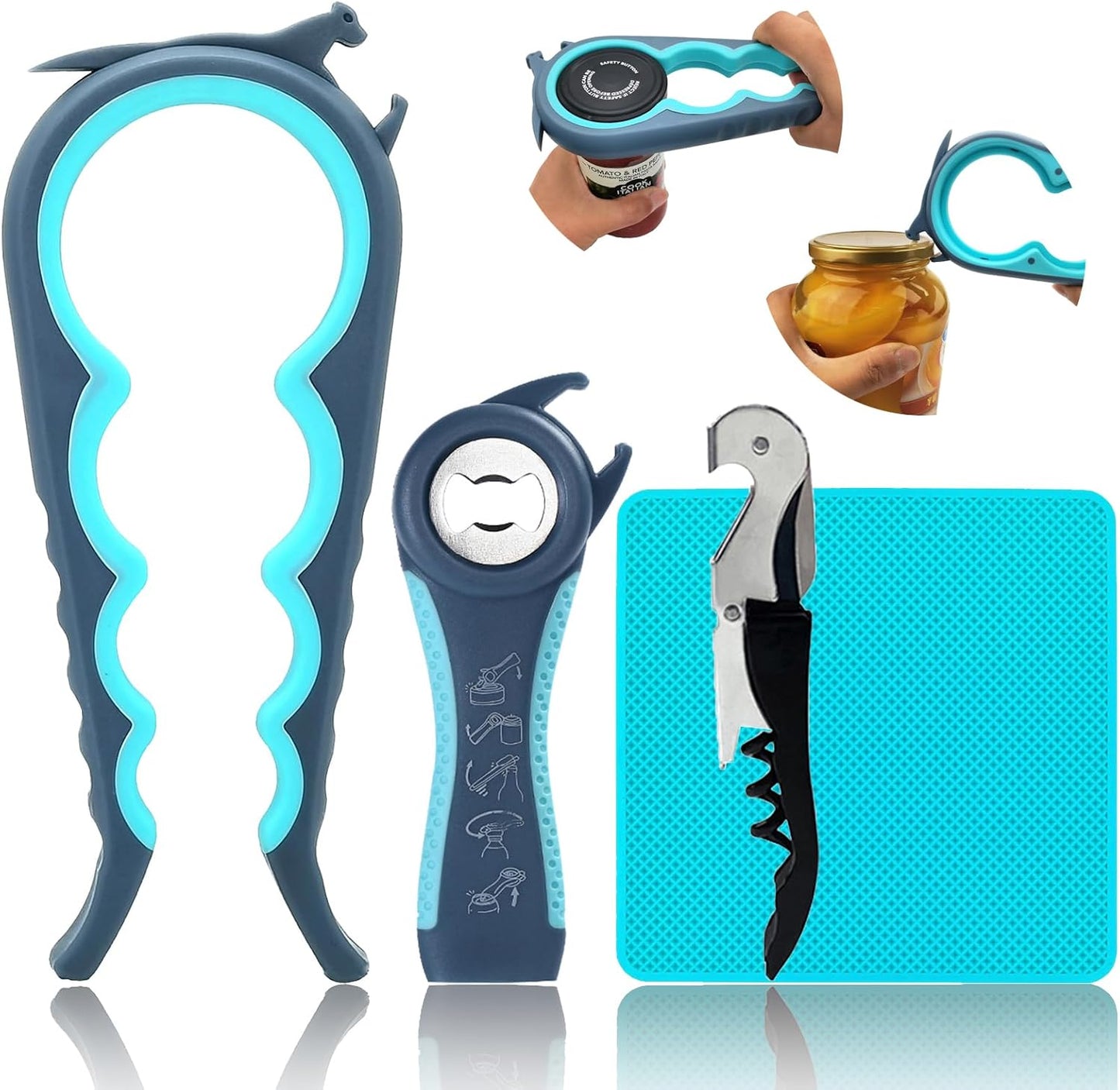 Otstar Jar Opener & Bottle Opener Set - Multi-Function Tool for Seniors with Arthritis | Includes Gripper Pad & Corkscrew