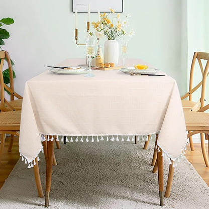 Champagne Checkered Cotton Tablecloth 55x55in with Tassels - Wrinkle-Resistant Linen Overlay