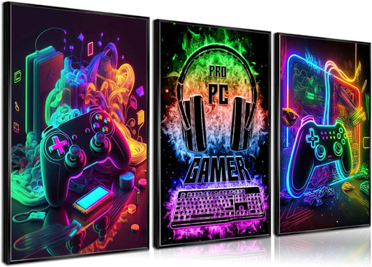 PPV Gaming Wall Art - Retro Video Gamer Canvas Prints | Colorful Neon Gamepad Decor 12x16in