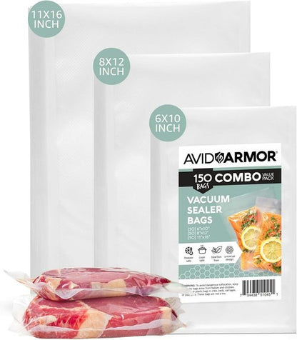 Avid Armor Vacuum Sealer Bags - Non-BPA Food Storage & Sous Vide | Pint, Quart & Gallon Combo Pack (150 Bags)
