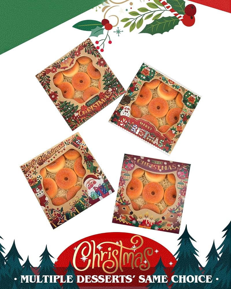 Christmas Kraft Cookie Boxes with Window 30 Pcs 9x9x2.5in - Gift Set, Easy Assemble