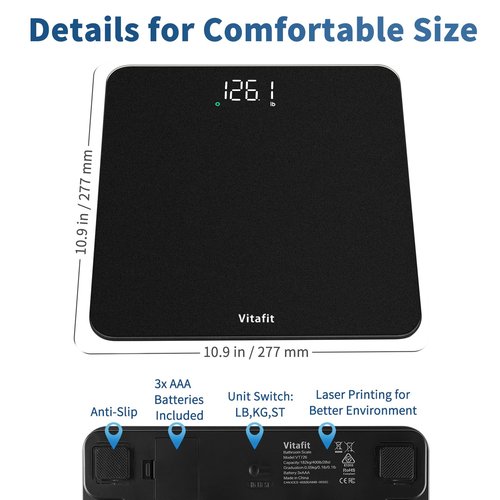 Vitafit Scale for Body Weight, High Accuracy 0.1lb by Our Professional Factory Since 2001, Digital Weight Scale LED and Step On, 3*AAA Batteries Included, 400lb/182kg, Spray Silver Black