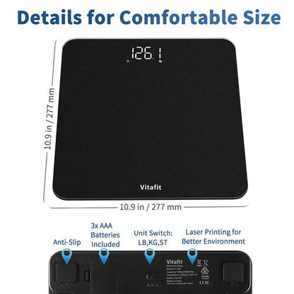 Vitafit Scale for Body Weight, High Accuracy 0.1lb by Our Professional Factory Since 2001, Digital Weight Scale LED and Step On, 3*AAA Batteries Included, 400lb/182kg, Spray Silver Black