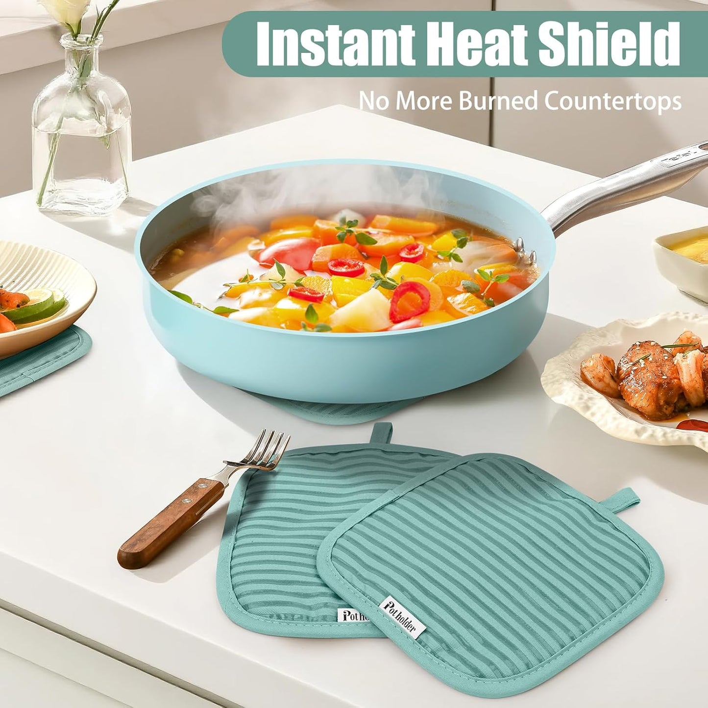 Skiennix Oven Mitts and Pot Holder Set - 500°F Heat Resistant Silicone Grip | 6 Pack Mint Green Cotton Kitchen Essentials