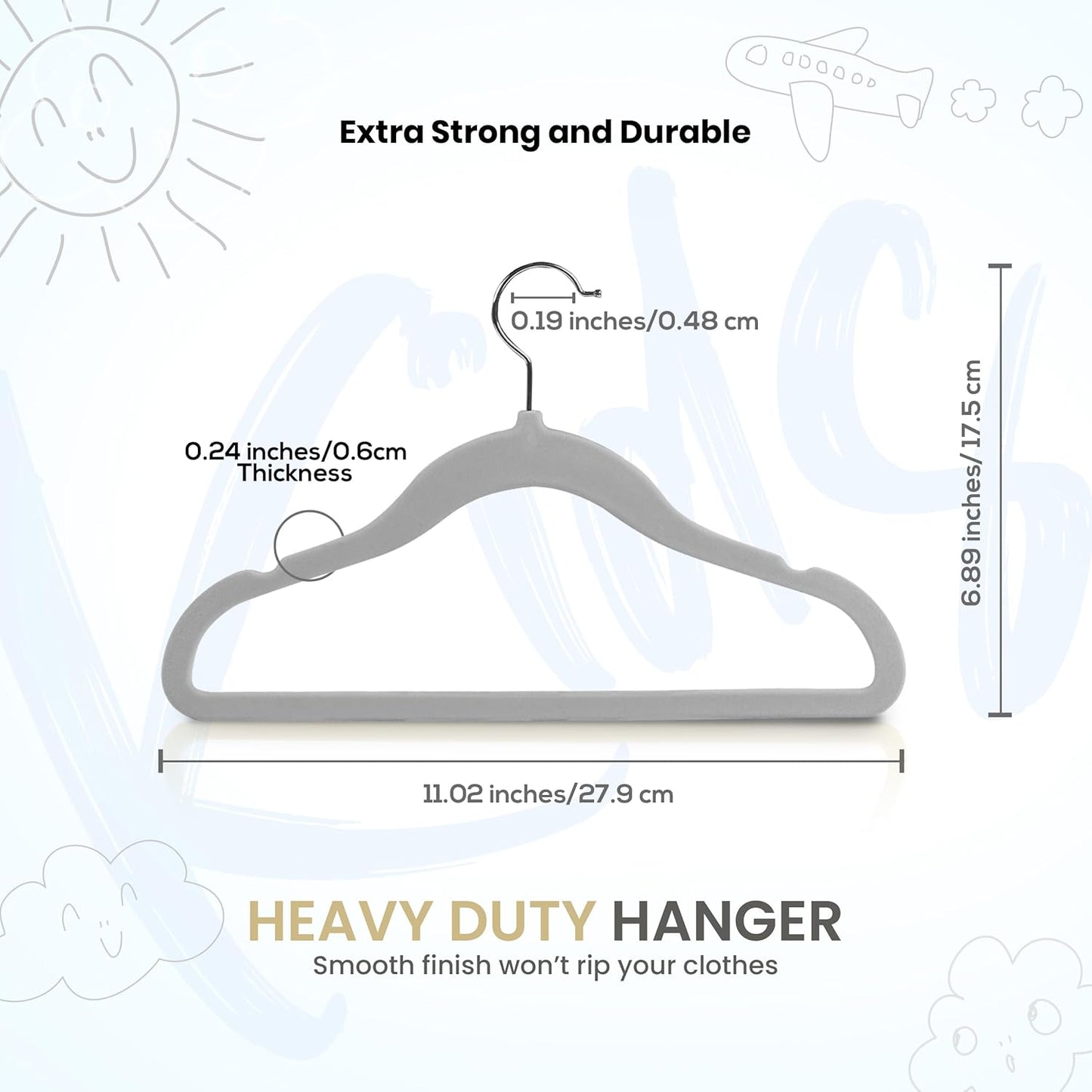 Utopia Home Velvet Hangers - 50 Pack Non-Slip 11 Inch Baby & Toddler Closet Organizers | Grey