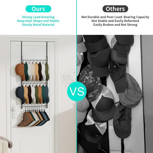 HapiRm Over Door Hat Rack - 3-Tier Organizer with 16 Hooks & 10 Movable Clips | Holds Up to 26 Caps