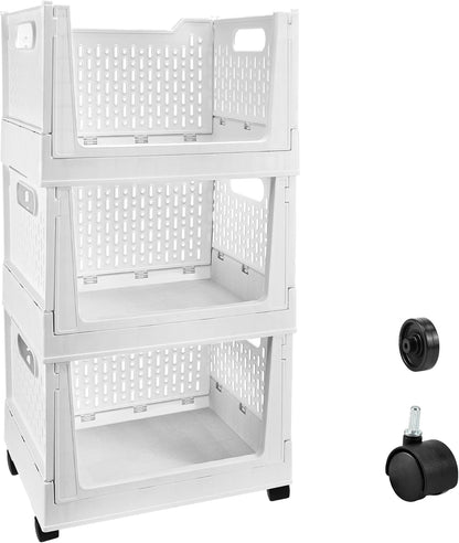 Stackable Storage Baskets by [Brand Name] - 3 Pack Foldable Organizers with Wheels | Versatile Closet & Office Storage