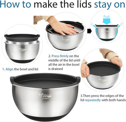 Wildone Mixing Bowls Set - Stainless Steel Nesting Bowls with Airtight Lids & Non-Slip Bottoms | 5 Sizes (1.5 to 8 QT)