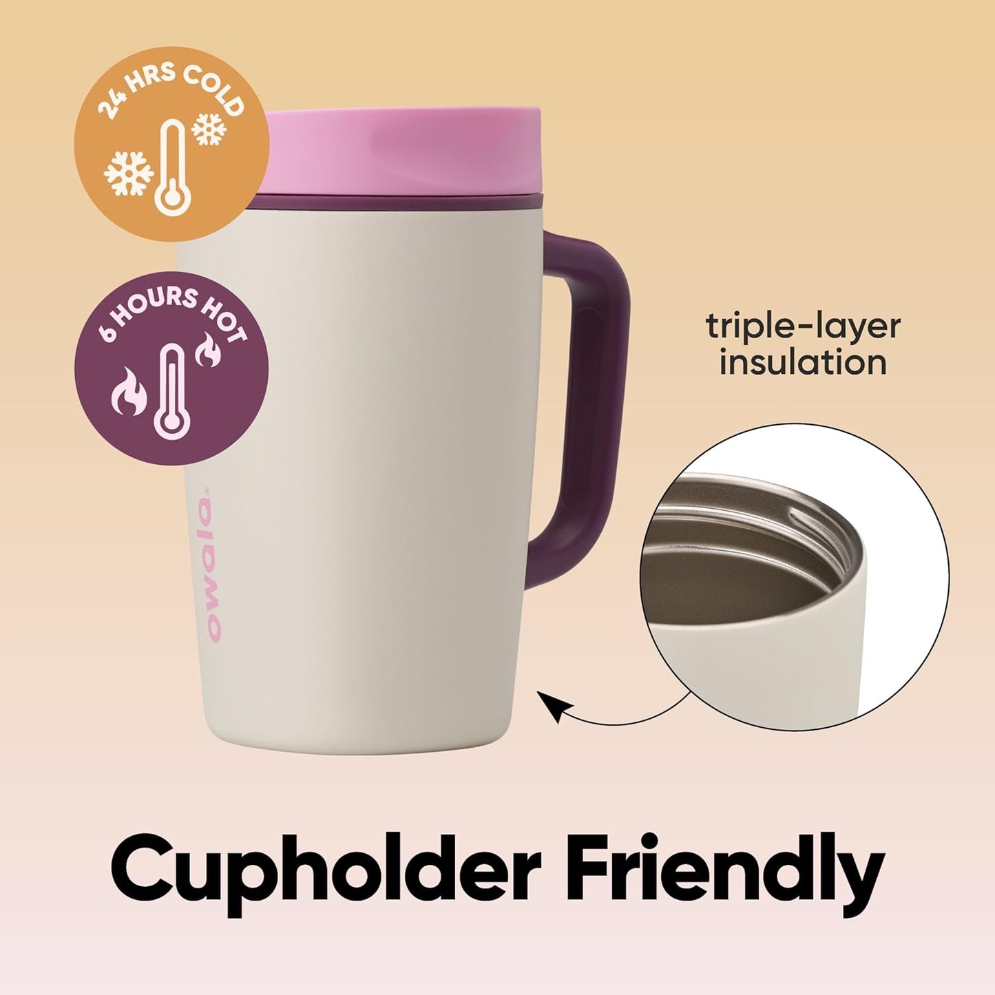 Owala SmoothSip Stainless Steel Travel Mug - 100% Leak Proof, Insulated for Hot & Cold Drinks, 12oz, Pink/Tan