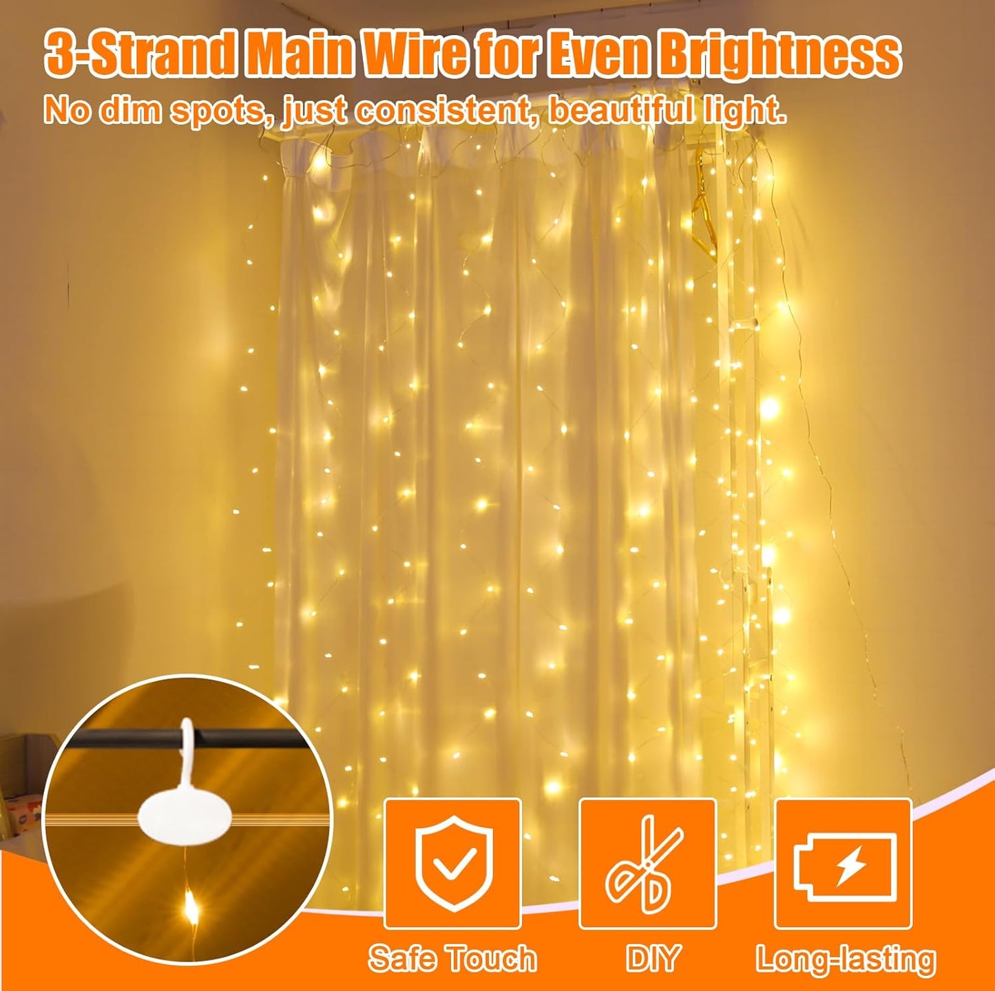 Skiennix 600LED Curtain Lights - 19.6ft x 9.8ft Fairy String Lights with 24 Hooks | 8 Modes for Wedding, Party, Xmas Decor