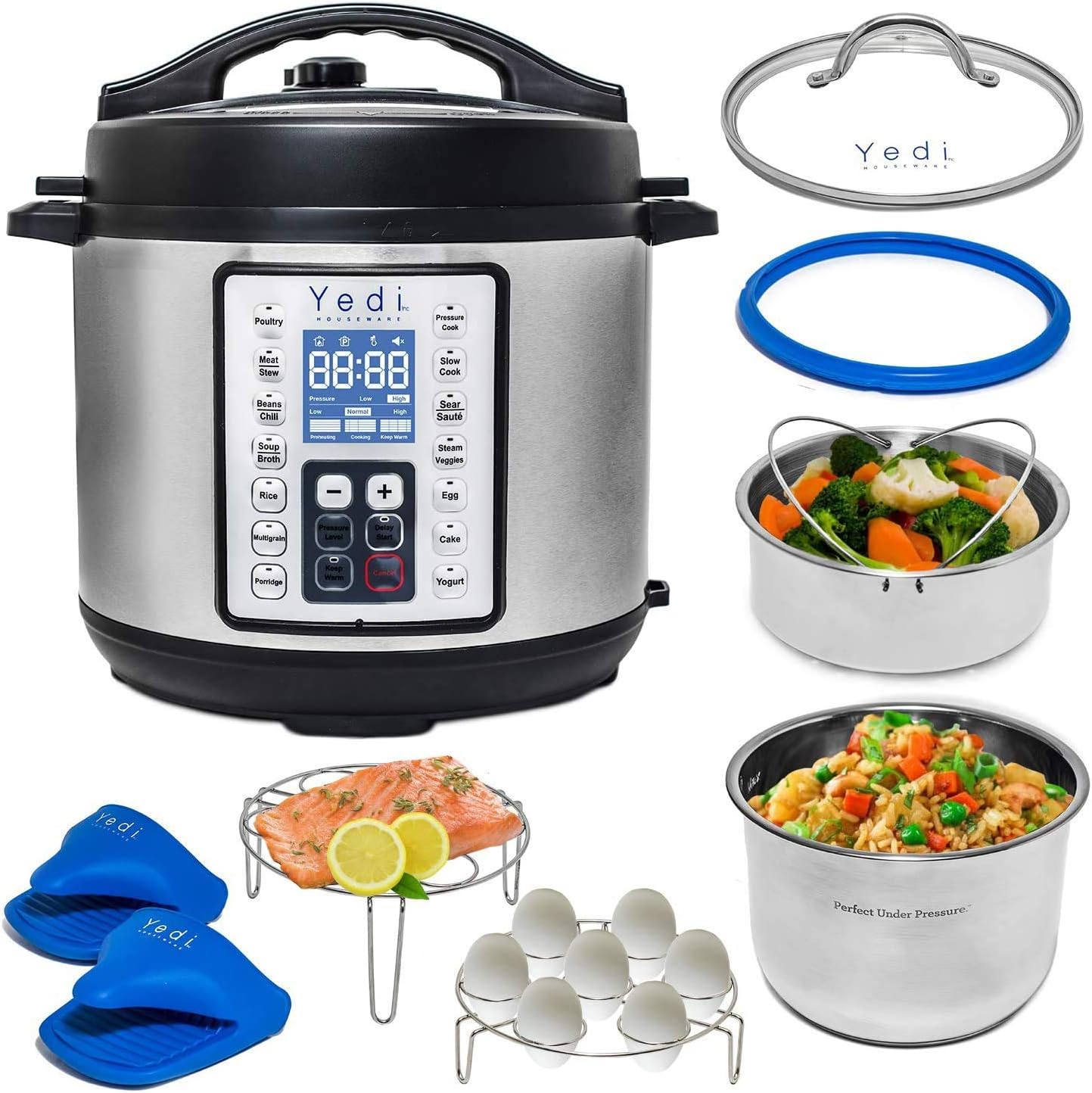 Yedi Houseware Pressure Cooker - 9-in-1 Digital Screen with Recipe Kit | Stainless Steel, 6 Liters
