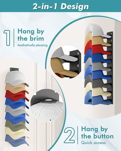 Hat Organizer by [Brand Name] - Strong Adhesive Wall Rack for 18 Baseball Caps | Multi-Layer Hat Hooks - Black