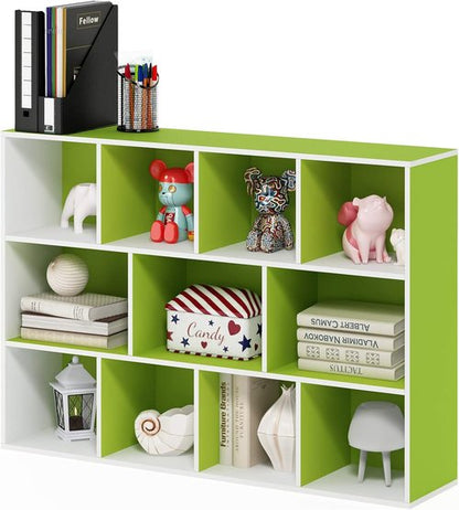 Furinno LUDER 11-Cube Bookshelf - Reversible Design for Easy Assembly | White/Green, 9.4 x 29.1 x 41.7