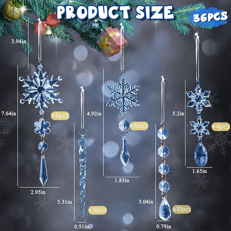 Blue Acrylic Snowflake Ornament + 36 Pcs — Crystal Icicle Holiday Decorations for Christmas Tree