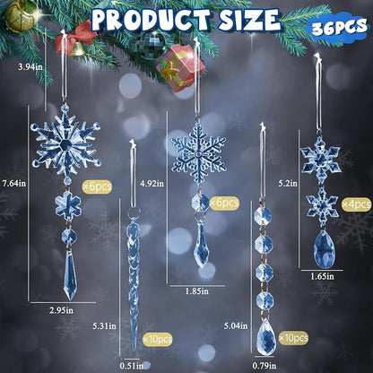 Blue Acrylic Snowflake Ornament + 36 Pcs — Crystal Icicle Holiday Decorations for Christmas Tree