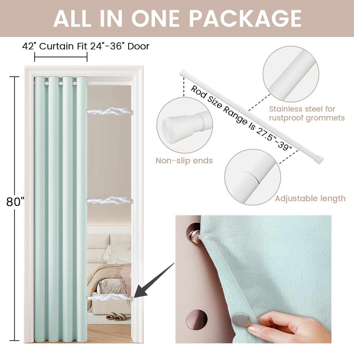 Vatge Closet Curtain for Open Closet, Blue Doorway Curtains with Rod and Magnetic Closure, 80 Inch Drape for Room Divider/Laundry Door/Kitchen Door, W42 x L80, 1 Panel, Aqua