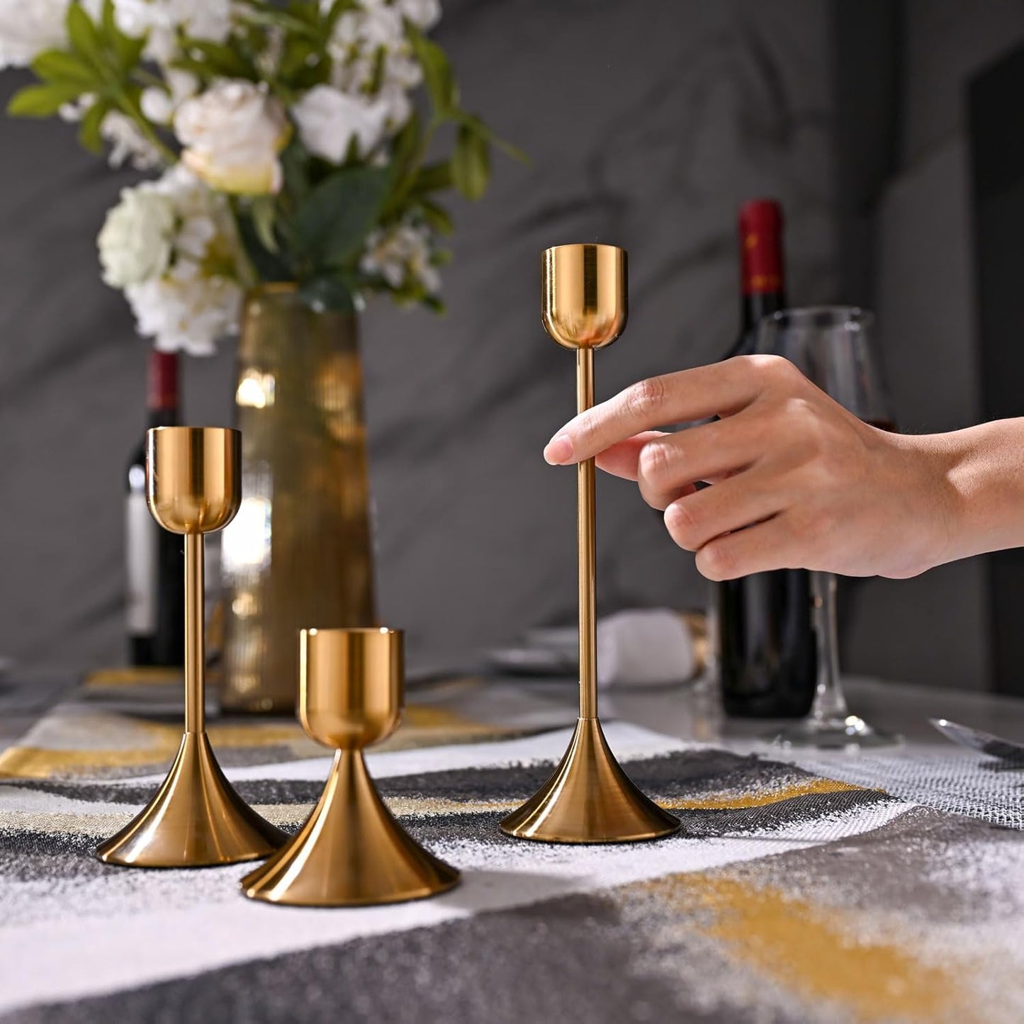 Skiennix Candle Holder - Heavy Base for Elegant Room Décor | Shiny Copper, Set of 3 Pcs