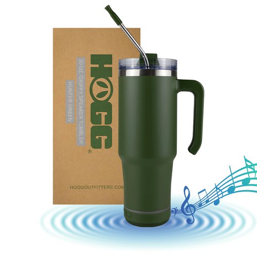 Hogg Bluetooth Speaker Tumbler - 30 oz Grippy Hunter Green Tumbler with Handle and Bluetooth Speaker