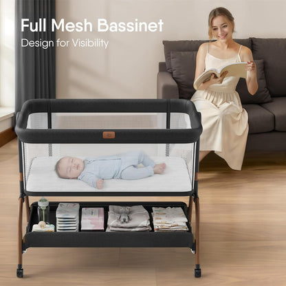 Skiennix Baby Bassinet - 3-in-1 Bedside Sleeper with Mattress & Breathable Sheet | Adjustable Height, Full-Mesh Sides