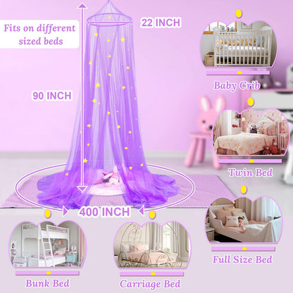 South to East Princess Bed Canopy for Girls with Glowing Stars, Purple Bed Canopy for Girls Room, Bed Canopy Curtains from Ceiling for Twin Beds, Full Size Beds, Ideal Gift for Girls