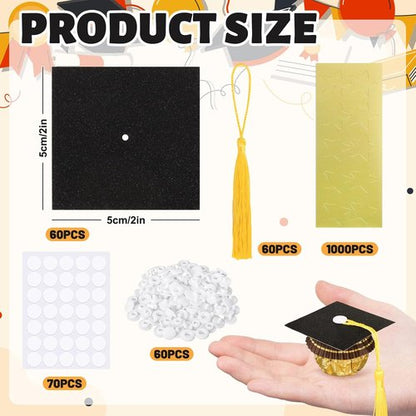 FYSUIMU Graduation Cap Cupcake Toppers - 60 Sets of Mini Black Grad Hats with Tassels & Stickers