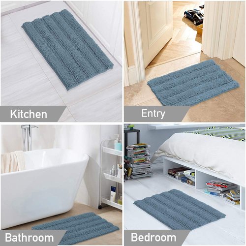 Turquoize Chenille Bathroom Rugs Set - Non-Slip Bath Mats for Bathroom Floor, Kitchen/Entryway (20" x 32" and 17" x 24"), Stone Blue