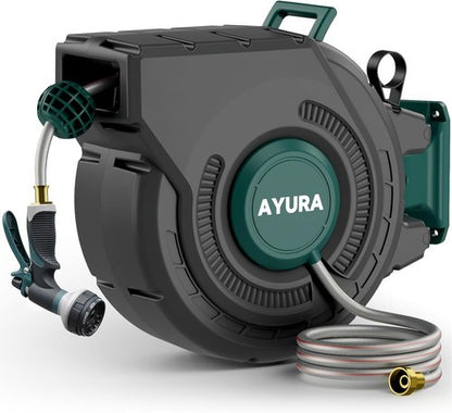 AYURA Retractable Garden Hose Reel - 100 ft x 1/2 Inch, Heavy Duty with Kink-Free Rewind & Locking Feature